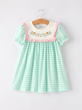 Thanksgiving Day Fall Pumpkin Flowers Embroidered Check Girls Dress