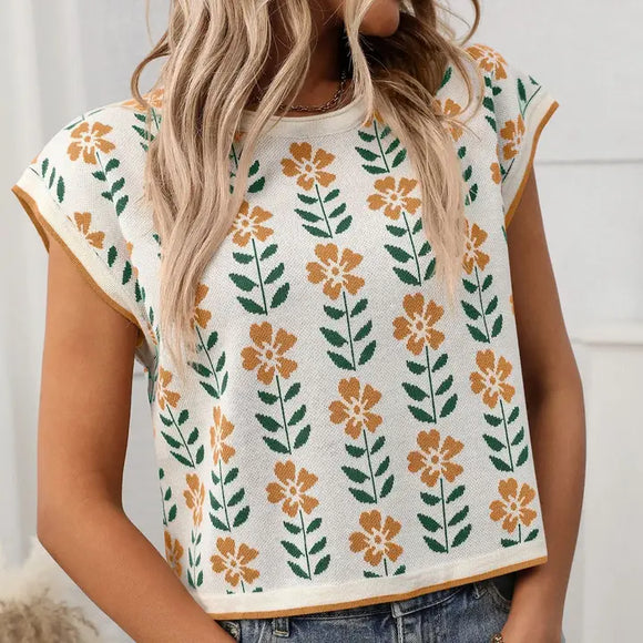 Retro Floral Knit Crop Top Short Sleeve Vintage Pullover Tee