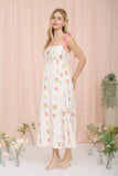 FLORAL TILE PATTERN SCALLOPED TIE STRAP MIDI DRESS