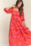 Red Floral Maxi Resort Dress with Smocked Top