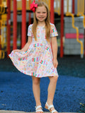 Back to School Rainbow Print Girls Dress Short Sleeve