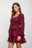 SMOCKED BISHOP SLEEVE TIERED MINI DRESS