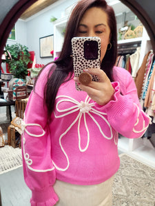 Bow Pattern Long Sleeve Crew Neck Knit Sweater