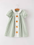 Fall & Thanksgiving Pumpkin Applique Plaid Green Girls Dress