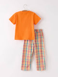 Fall Thanksgiving Color Plaid Chick Embroidery Smocking Boys Set