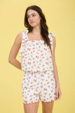 FLORAL CONTRAST SCALLOP TRIM TIE STRAP BLOUSE