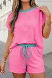 Ribbed Contrast Trim 2pcs Shorts Set
