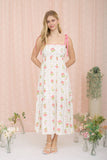 FLORAL TILE PATTERN SCALLOPED TIE STRAP MIDI DRESS