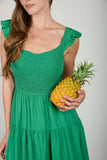 SMOCKED RUFFLE SLEEVE MIDI DRESS