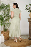 SMOCKED FRONT TIE RUFFLE DETAIL TIERED MIDI DRESS