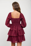 SMOCKED BISHOP SLEEVE TIERED MINI DRESS