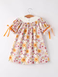 Thanksgiving Pumpkin Embroidery Smack Floral Baby Girl Dress