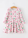 Girls Ballet Christmas Bow Print Flare Dress