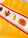 Fall & Thanksgiving Turkey Nuts Smock Embroidered Yellow Boys Romper
