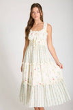 FLORAL COLORBLOCK RUFFLED TIERED MIDI DRESS