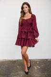 SMOCKED BISHOP SLEEVE TIERED MINI DRESS