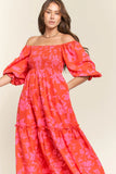 Red Floral Maxi Resort Dress with Smocked Top