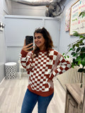 Sia Checkered Print Long Sleeve Drop Shoulder Sweater