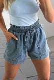 Smocked Elastic Waist Denim Shorts