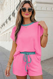 Ribbed Contrast Trim 2pcs Shorts Set