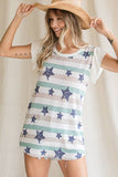 Multi-Color Star Stripe Print Ruffle Sleeve Top