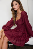 SMOCKED BISHOP SLEEVE TIERED MINI DRESS