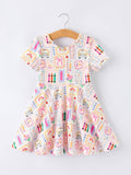 Back to School Rainbow Print Girls Dress Short Sleeve