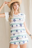Multi-Color Star Stripe Print Ruffle Sleeve Top