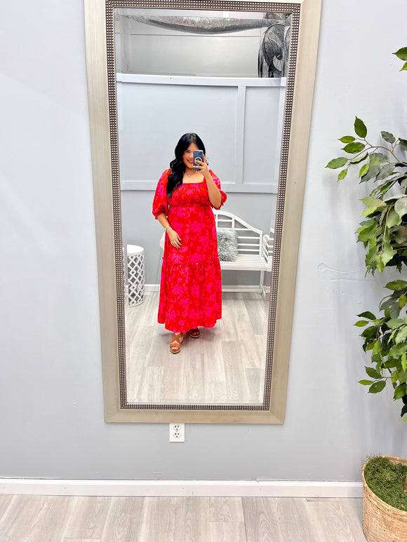 Red Floral Maxi Resort Dress with Smocked Top