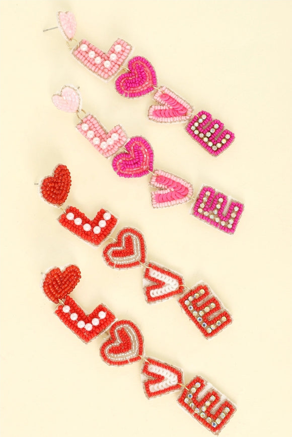 Love Valentine's Letter Jeweled Beaded Earrings