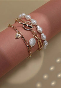 3 Row Pearl Link Toggle Paper Clip Bracelet