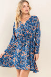 Aegean Blue Floral Wrap Mini Dress with Cuffed Sleeves