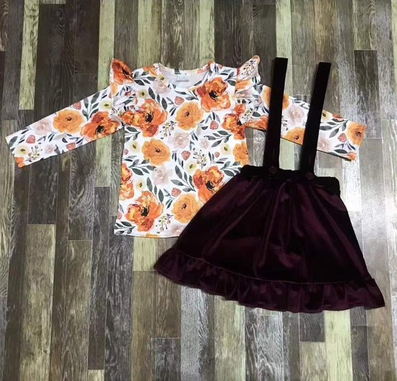 Velvet Floral Suspender Skirt Set