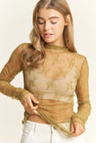 Mesh Lace High Neck Design Long Sleeve Fitted Top