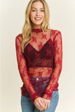 Mesh Lace High Neck Design Long Sleeve Fitted Top