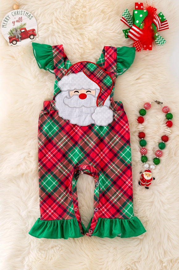 Santa Applique Ruffle Plaid Romper