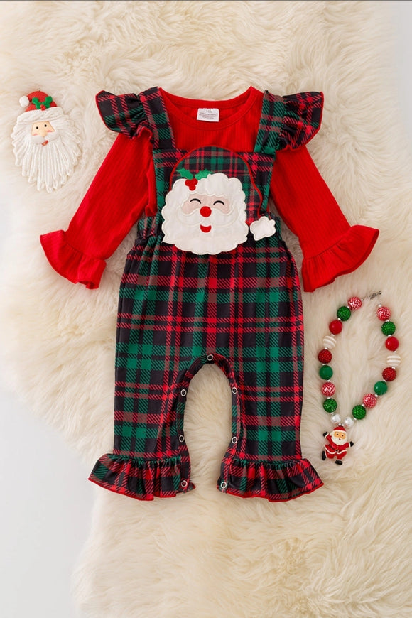 Santa Red Ruffle Top and Plaid Overalls