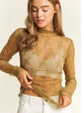 Mesh Lace High Neck Design Long Sleeve Fitted Top