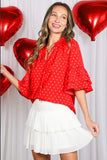 Lena Tiered Ruffle Detail Tie Neck Heart Blouse Top