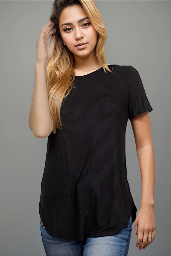 Round Neck Ribbed Fabric Short Sleeve Solid Top