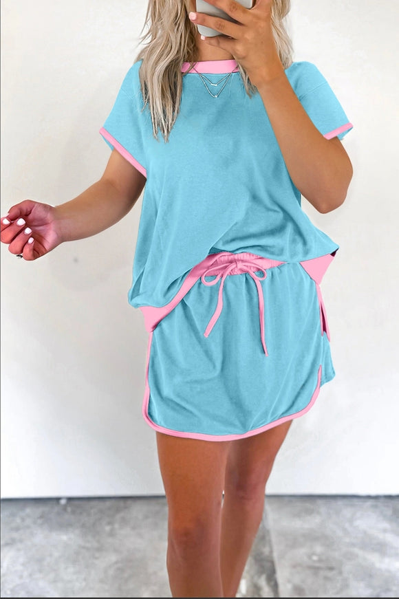 Bonbon Colorblock Edge Drop Shoulder T Shirt and Skort 2Pcs Set