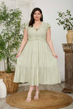 SMOCKED FRONT TIE RUFFLE DETAIL TIERED MIDI DRESS
