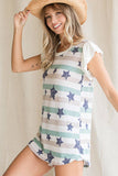 Multi-Color Star Stripe Print Ruffle Sleeve Top