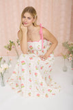 FLORAL TILE PATTERN SCALLOPED TIE STRAP MIDI DRESS