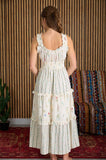FLORAL COLORBLOCK RUFFLED TIERED MIDI DRESS