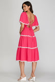 FLOUNCE SLEEVE BACK TIE WOVEN TIERED MIDI DRESS WITH RIC RAC TRIM