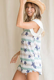 Multi-Color Star Stripe Print Ruffle Sleeve Top
