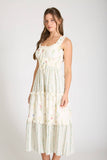 FLORAL COLORBLOCK RUFFLED TIERED MIDI DRESS