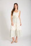 FLORAL COLORBLOCK RUFFLED TIERED MIDI DRESS