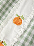 Fall & Thanksgiving Pumpkin Applique Plaid Green Girls Dress